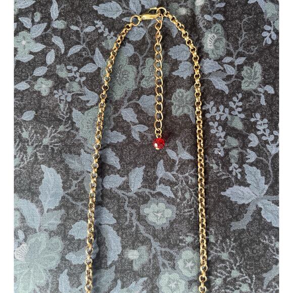 Vintage R.I. Bead & Comp Signed Long Goldtone Red Beaded Necklace Heart Charm - Picture 8 of 12